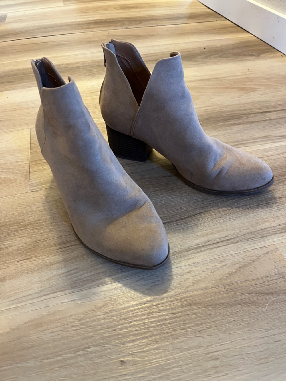 SO Taupe Suede V-Cut Ankle Booties with Block heel